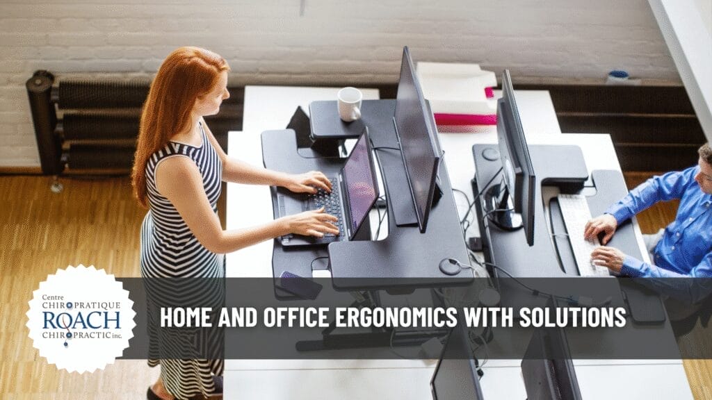 Home and Office Ergonomics with Solutions 2 people in a workspace using ergonomic solutions and practices as advised by a chiropractor