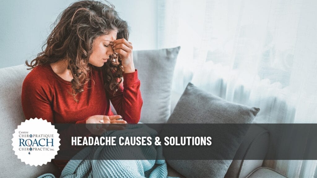 Headache Causes & Solutions 2 a woman sitting on a couch pinching her forehead in pain with a headache