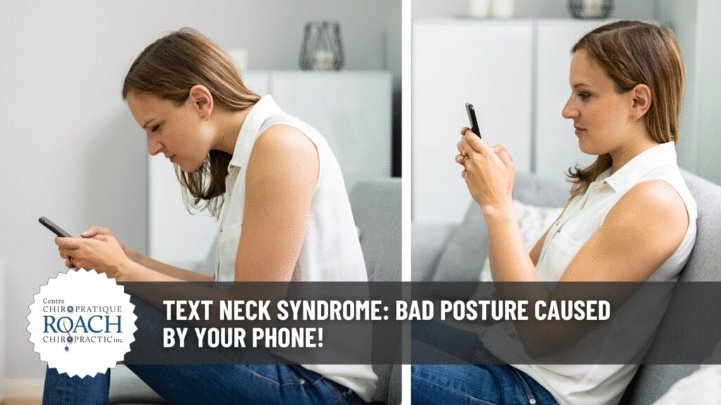 Text Neck Syndrome: BAD Posture Caused By Your Phone! 1 person sitting looking at phone with bad posture (left). same person sitting with correct posture looking at phone (right).