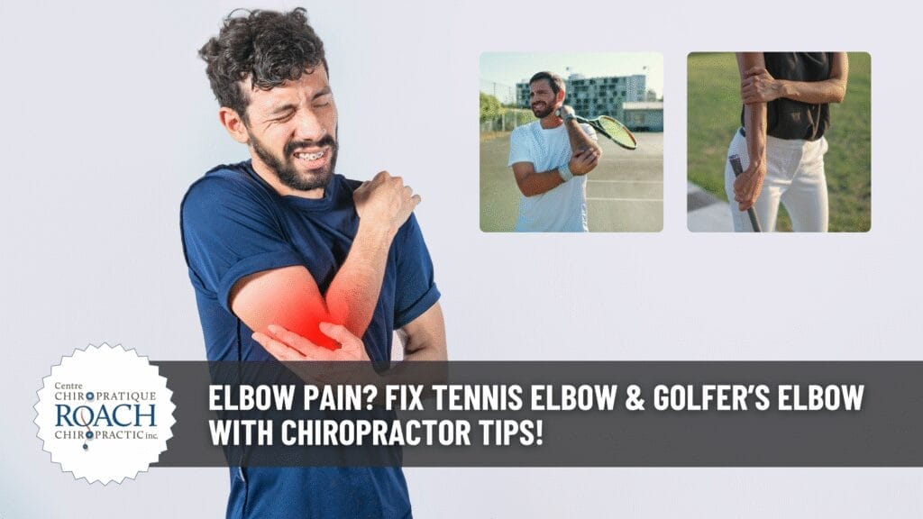 Elbow Pain? Fix Tennis Elbow & Golfer’s Elbow with Chiropractor Tips! 2 a man holding his shoulder in pan, indicated by red highlighting (left). a picture in picture view of a man experiencing tennis elbow and a woman experiencing golfer's elbow (right).