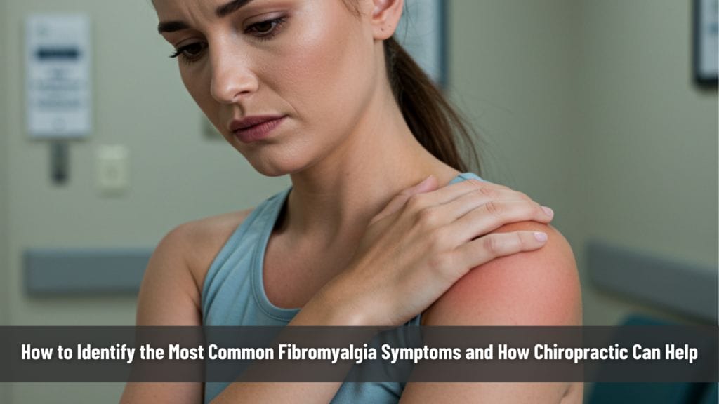 a woman holding her shoulder