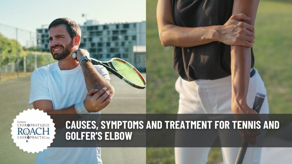Causes, Symptoms and Treatment for Tennis and Golfer's Elbow 2 on left - person holding arm experiencing tennis elbow with a tennis racket in hand. on right - person holding arm experiencing golfer's elbow with golf club in hand.