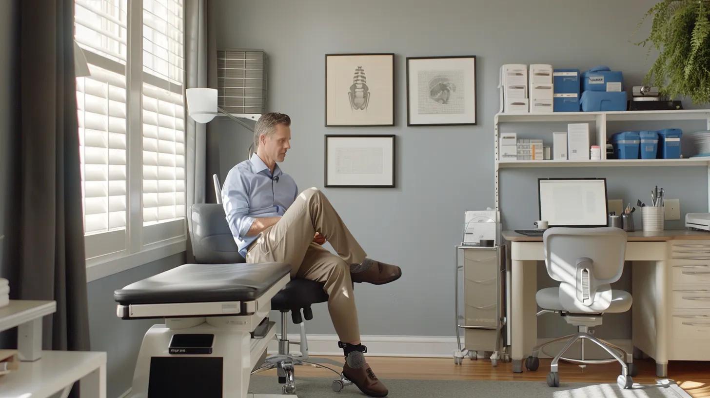 Ways Nova Scotia Weather Influences Spine and Pain Levels 4 a well-lit, modern office interior showcases a concerned patient seated on a chiropractic examination table, displaying subtle signs of discomfort as they discuss their spinal health with a focused healthcare professional, emphasizing the importance of recognizing weather-related spine issues.