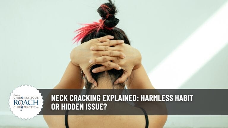 A woman holding her hands to the back of her head preparing to crack her neck