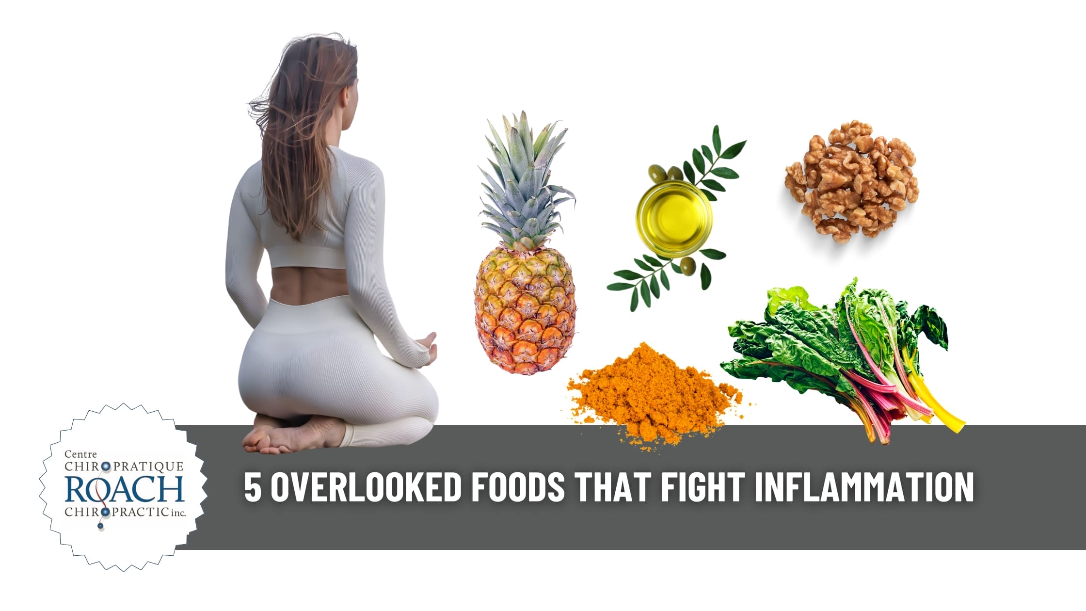 A woman sitting back on in a meditative pose alongside a pineapple, extra virgin olive oil, turmeric, walnuts and swiss chard
