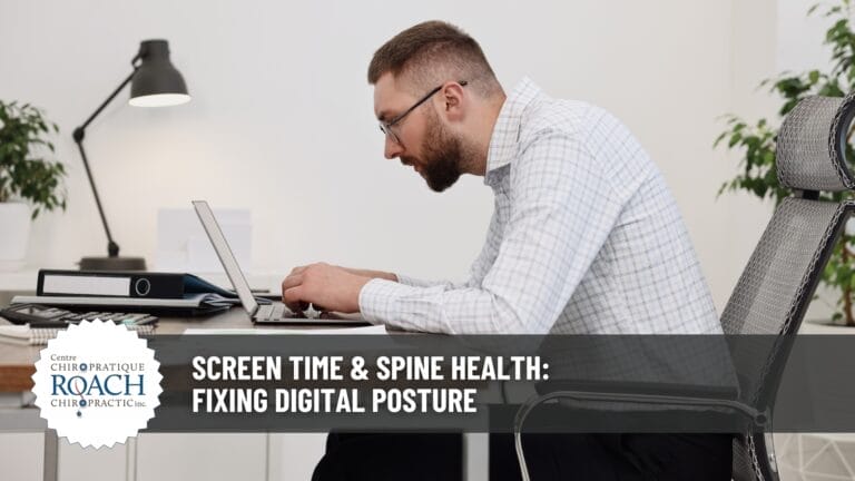a man leaning in towards a computer screen displaying poor posture while using digital equipment
